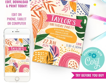 Colorful Floral Summer Party Invitation - Tween Girls - Teen Sleepover Party - Tropical Party Invite - Instant Download & Edit File in Corjl