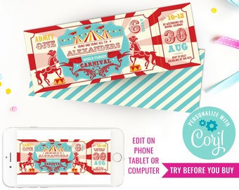 Carnival Ticket Invitation - Circus Invitation- Carnival Party- Backyard Carnival Ticket Invitation- Instant Download & Edit File with Corjl