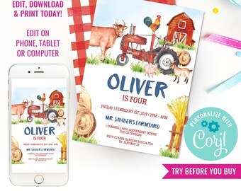 May include: Editable invitation for a farm-themed birthday party. The invitation features a red tractor, a cow, a pig, a goat, a rooster, and a red barn. The text on the invitation reads "Oliver is Four" and includes the date, time, and location of the party. The invitation is personalized with the name "Corjl".
