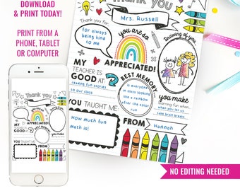 Teacher Appreciation Day DIY Gift All About Teacher Fill in Blank Printable Teacher Thank You Gift Instant Download Easy Print at home