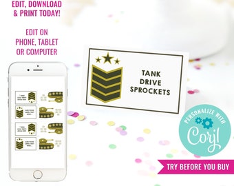 Army Tank Birthday Party Food Labels for a Boy - Modern Army Party Tent Cards - Instant Download & Edit File with Corjl