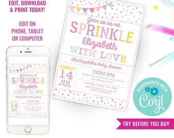Sprinkle Baby Shower Invitation in Whites and Pinks - Girl Baby Shower Invitation - Instant Download & Edit File with Corjl
