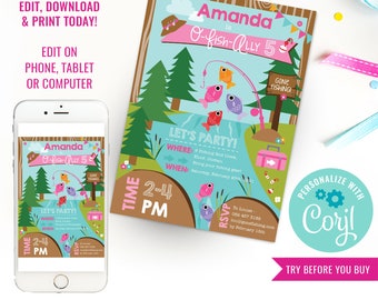 Girl Birthday Party Fishing Invitation Fishing Invite Gone Fishing Party O Fish Ally One Invitation Instant Download Edit File with Corjl