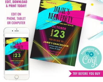 Neon Party Theme Invitation - Glow Birthday Party Invite - Instant Download & Edit File with Corjl