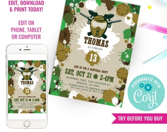 Boy Birthday Party Paintball Invitation Boys Camo Army Party Invitation Military Party Camo Paintball Instant Download Edit with Corjl