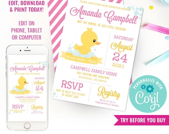 Pink Rubber Duck Baby Shower Invitation - Girl Baby Shower - Ducky Baby Shower - Instant Download & Edit File with Corjl