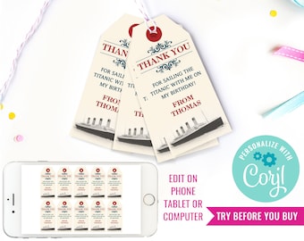 Titanic Party Favor Tags Titanic Thank You Tags Vintage Titanic Party Favors Travel Party Instant Download Edit File in Corjl