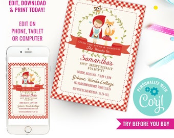 Little Red Riding Hood Party Invitation - Woodland Invitation - Instant Download & Edit File with Corjl