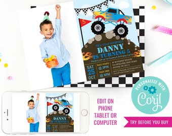 Boy Birthday Party Monster Truck Invitation Birthday Monster Truck Invite Truck Birthday Picture Invite Instant Download Edit File in Corjl