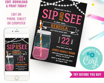 Girl Sip and See Invitation Meet The Baby Invite Baby Meet and Greet Invitation Instant Download Edit File with Corjl