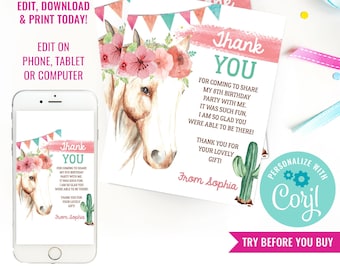 Cowgirl Birthday Party Thank You Card - Cowgirl Watercolor Thank you Note - Horse Party - Instant Download & Edit File with Corjl