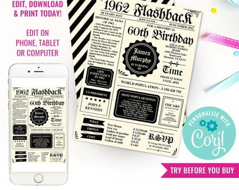 60th Birthday Invitation - Newsflash Invitation - Birthday Newspaper - Newspaper Template - Instant Download & Edit File with Corjl