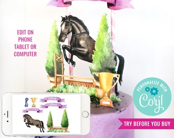 Horse Show Jumping Party Cake Topper - Watercolor Horse Birthday Cake Topper - Pony Party Topper - Instant Download & Edit File with Corjl