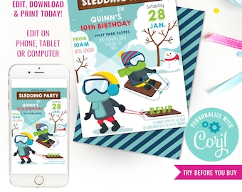 Kids Birthday Party Sledding Invitation Winter Tobogganing Party Invitation Winter Party Invitation Instant Download Edit File with Corjl