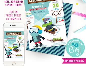 Sledding Party Invitation - Tobogganing Party Invitation - Winter Party Invitation - Instant Download & Edit File with Corjl