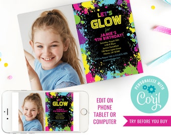 Dziewczęca impreza urodzinowa Neon Glow Party Theme zaproszenie ze zdjęciem zaproszenie Glow Party elektroniczne zaproszenie zdjęcie natychmiastowe pobranie edycja w Corjl