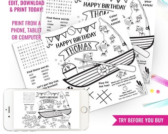 Printable Fishing Coloring Custom Placemat DIY Fishing Boat Party Fishing Activity Mat Summer Activity Instant Download Edit File in Corjl