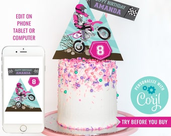 Girl Birthday Party Dirt Bike Cake Topper for Girls Motorbike Party Cake Motocross Party Instant Download Edit File with Corjl