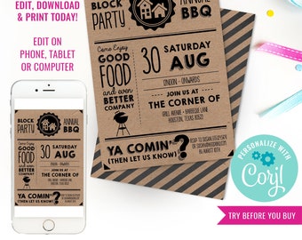 Block Party Bbq Invitation BBQ Kraft party invitation BBQ Neighborhood Street Party BBQ Invitation Instant Download Edit in Corjl
