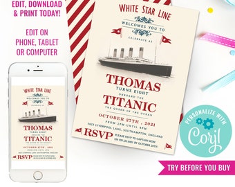 Titanic Party Invitation Boys Titanic Birthday Party Vintage Titanic Party Vintage Travel Party Instant Download Edit File in Corjl