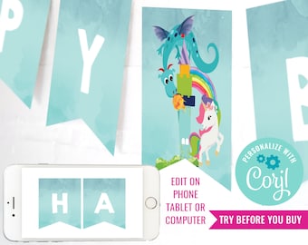 Dragon and Unicorn Party Birthday Banner - Unicorn Dragon Party Happy Birthday Banner - Instant Download & Edit File with Corjl