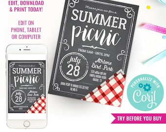 Invitation for Picnic Party Invitation Summer Picnic Party Invite Chalkboard Red Gingham Party Invite Instant Download Edit File in Corjl