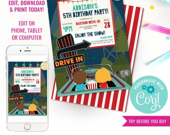 Drive-In Movie Party Invitation - Backyard Drive-In Party Invitation - Instant Download & Edit File with Corjl