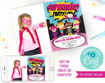 Girl Superhero Party Invitation - Superhero Girl Party Photo Invitation - Instant Download & Edit File with Corjl