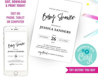 Modern Baby Shower Invitation - Black and White invitation - Baby Shower Brunch - Unisex Shower - Instant Download & Edit File with Corjl