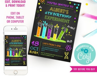 Kids Birthday Party Science Experiment Party Invitation Kids Science Party Invite Instant Download Edit File with Corjl