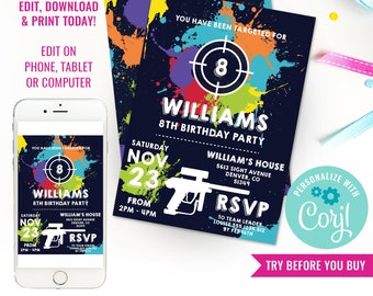 Laser Tag Birthday Party Invitation for a Boy - Laser Tag Party Invitation - Lazer Tag Invitation - Instant Download & Edit File with Corjl