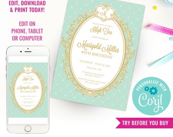 Mint and Gold Birthday Invitation - Princesss Party Invitation - High Tea Invitation - Instant Download & Edit File with Corjl