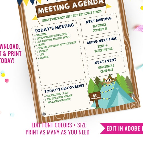 Boy Scout Meeting Agenda Printable Editable Meeting Agenda Etsy