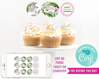 Sloth Party Cupcake Toppers - Girls Sloth Toppers - Sloth Birthday Party Cupcake Toppers - Instant Download & Edit File with Corjl