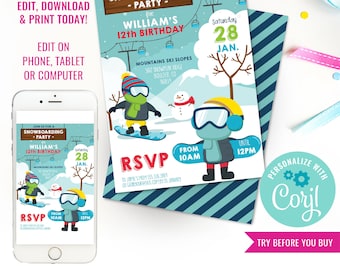 Snowboarding Party Invitation - Outdoor Party Invitation - Winter Party Invitation - Instant Download & Edit File with Corjl