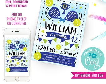 Boys Invitation Padel Party DIY Kids Padel Birthday Invite Pickleball Party Invitation Instant Download Edit File in Corjl