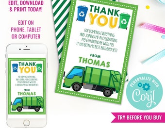 Garbage Truck Party Thank You Card - Garbage Truck Party Note Card - Instant Download & Edit File with Corjl