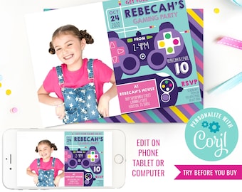 Girl Birthday Party Gaming Invitation Video Game Invitation Girls Gaming Party Invite Instant Download Edit File with Corjl