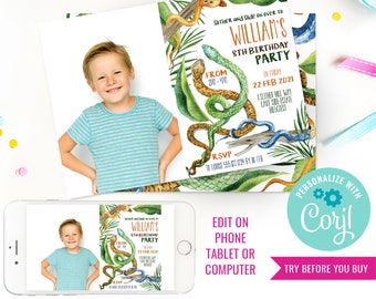 Boy Birthday Party Snake Invitation Snake Invite Reptile Party Snake Birthday Photo Invitation Instant Download Edit File with Corjl
