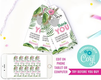 Mädchen Faultier Geburtstag Party Favor Tags Mädchen Faultier Gefälligkeiten Faultier Geburtstag Party Favor Tags Sofortiger Download Bearbeitungsdatei mit Corjl