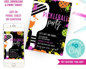 Girl Birthday Party Pickleball Invite Pickelball Birthday Party Invitation Girls Pickle Ball Party Instant Download Edit File in Corjl