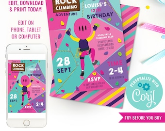 Rock Climbing Party Invitation for Girls - Indoor Climbing Party Invite - Instant Download & Edit File with Corjl
