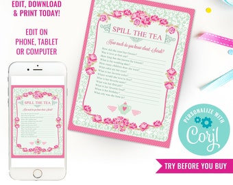 High Tea Party Game - Spill The Tea Party Game - Bridal Shower Games - Instant Download & Edit File with Corjl