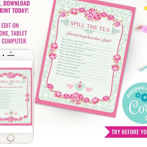 High Tea Party Game Spill the Tea Party Game Bridal Shower - Etsy