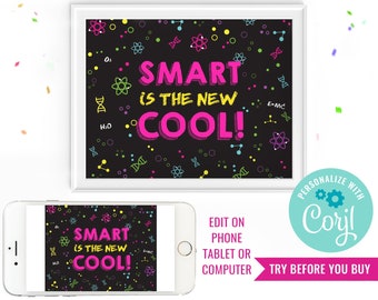 Science Experiment Party Sign - Smart is the new cool - Girl Science Party Sign - Instant Download & Edit File with Corjl