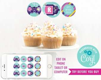Gaming Party Cupcake Toppers - Video Game Party Toppers - Girls Gaming Party Cupcakes - Instant Download & Edit File with Corjl