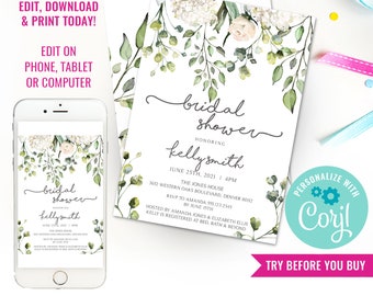 Bridal Shower Invitation - Greenery invitation - Bridal Brunch Invitation - Floral Bridal Shower - Instant Download & Edit File with Corjl