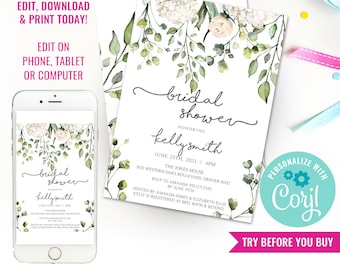 Bridal Shower Invitation Natural Greenery invitation Earthy Bridal Brunch Invitation Floral Bridal Shower Instant Download Edit in Corjl
