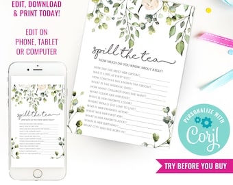 Bridal Shower Party Game - Bridal Shower High Tea - Bridal Brunch Game - Spill The Tea Party Game - Instant Download & Edit File with Corjl