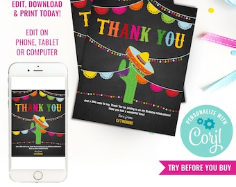 Mexican Fiesta Party Thank You Cards Chalkboard Thank You Cards Fiesta Birthday Thank You Note Instant Download Edit File with Corjl